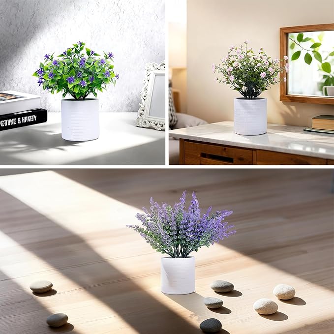 FGSAEOR Mini Potted Fake Plants, Small Artificial Greenery Plants Topiaries, Low Maintenance, Shelf Desk Room Table Office Home Decor (3-Pack) (White Pot - Purple Pink)