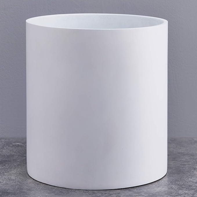 FaithLand 12 Inch Fiberstone Planter - Lightweight Modern Cylinder Plant Pot with Drainage Hole & Plug, Indoor Outdoor Use, Matte White