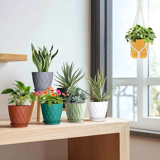 Meowell 7 inch Plant Pots for Indoor Outdoor Plants, 5 Pack Thick Nursery Pots with Drainage Holes and Saucers, 3D Modern Wave Texture Plastic Planter Pots for Flowers and House Plants, Multicolor