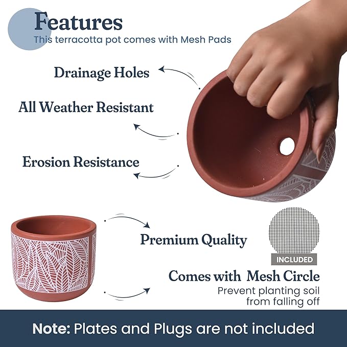 FINE Living 4 Inch Terracotta Pot with White Leaf Pattern, Boho Ceramic Planter Clay Pots for Indoor Plants, Succulent Planter with Drainage Hole and Mesh Net for Spring Gifts, Garden & Home Decor