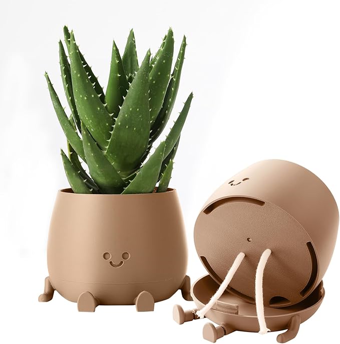 TOPOLA Happy Face Planter, 5.2 Inches Plastic Plant Pot, Self Watering Plant Pot with Drainage Holes for Indoor Outdoor, Succulent Pot, Funny Flower Pot, Khaki