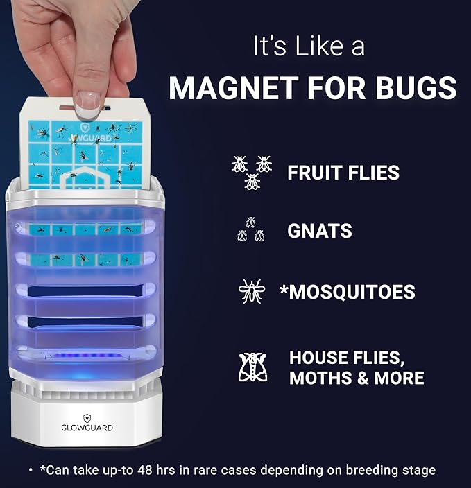 GlowGuard-X Rechargeable Indoor Fly Trap & Gnat Killer, Multi-Purpose Mosquito Trap and Shockless Indoor Bug Zapper, Includes 1 Device + 4 Glue-Card Refills, 40hr Battery or Plug-in 24/7, White