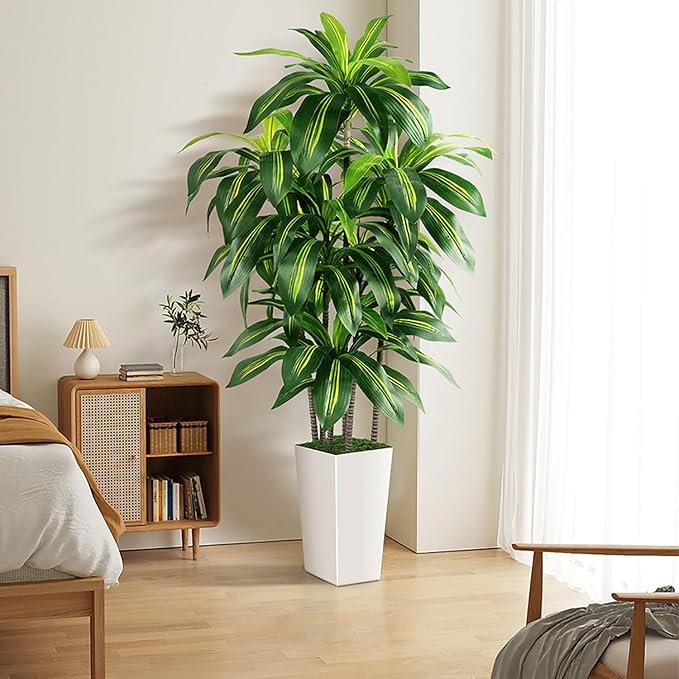 Artificial Dracaena Tree Indoor, 6FT Tall Fake Tree with White Tall Planter, Artificial Trees Fake Yucca Potted Tree for Home Office Living Room Decor, Tall Artificial Plant for Housewarming