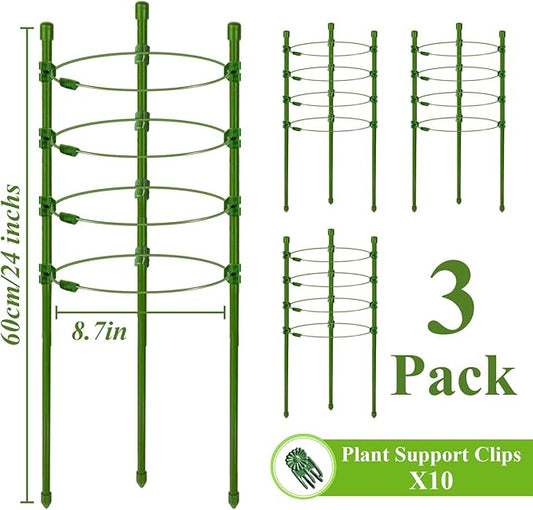 Legigo 3 Pack 24 Inch Plant Support Cages Tomato Cage for Garden- Plant Cages Adjustable Rings, Tomato Plant Support Stakes Trellis for Pots, Peppers, Cucumbers and Flowers with 10 Plant Clips