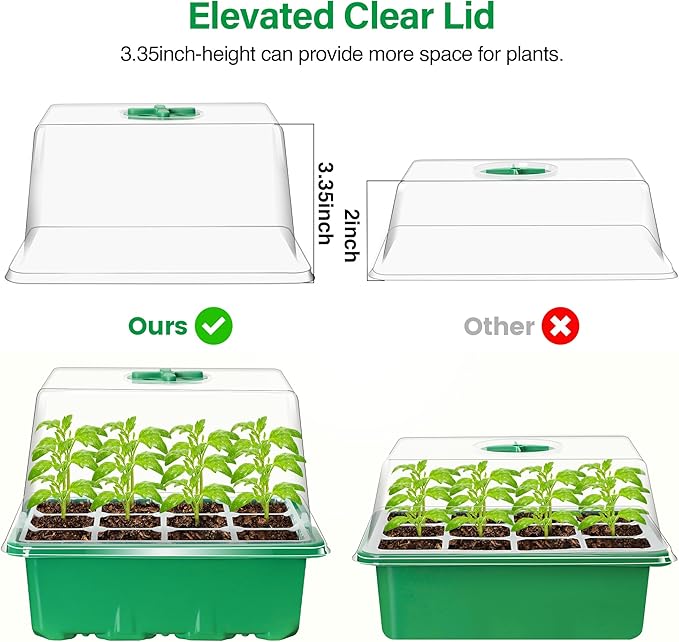 Bonviee 5 Packs Seed Starter Tray with Plant Light, Elevated Seedling Starter Trays Kits with Adjustable Humidity Domes and Clear Cell Tray, 12 Full Spectrum led lamp Beads for Plants Indoor-Green