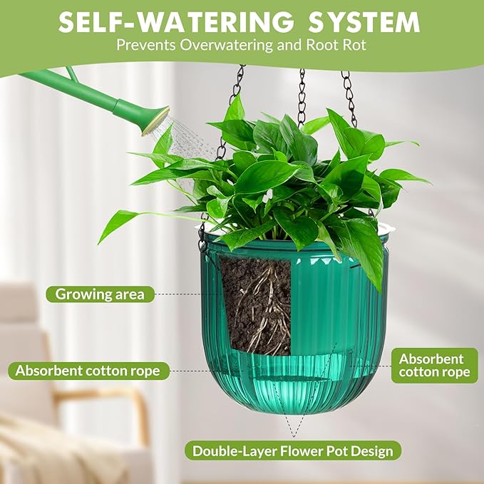 Hanging Planters for Indoor Plants, Small Self Watering Planters 3 Pack, 6.5 Inch Clear Plastic Flower Pot Outdoor, Metal Chain, Drainage Hole for Home Garden Porch Balcony Patio Window Decor