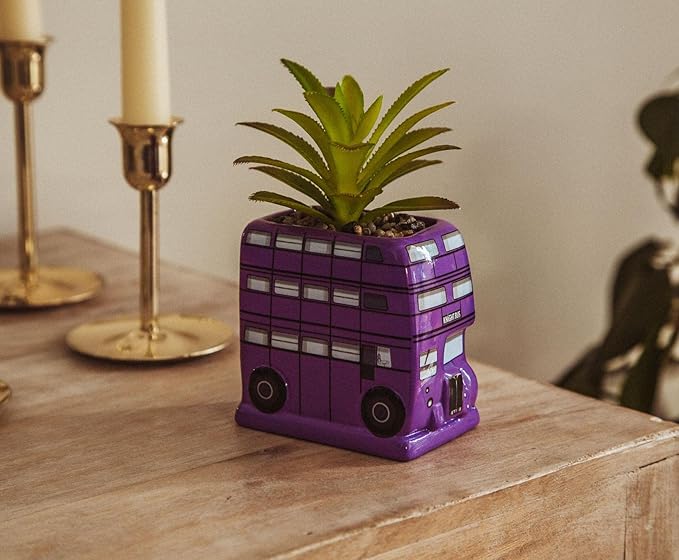 Harry Potter Knight Bus 3-Inch Ceramic Planter With Artificial Succulent | Small Flower Pot, Faux Indoor Plant For Desk Shelf, Trinket Tray | Cute Home Decor, Wizarding World Gifts and Collectibles