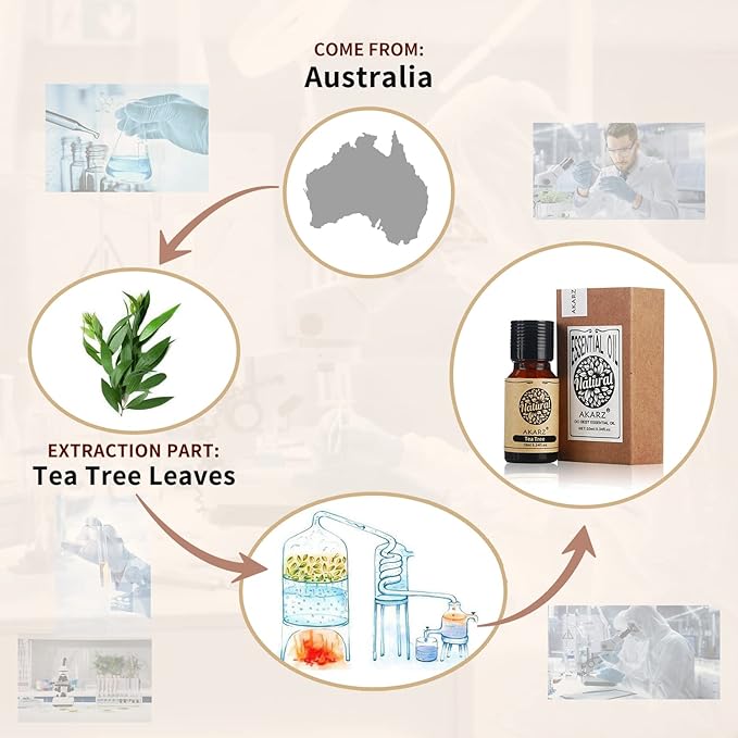 AKARZ Natural Organic Tea Tree Essential Oil for Skin, Body, Hair Care, Candles, Soap Making, DIY, Massage Aroma - 0.34 Fl Oz (10ml)
