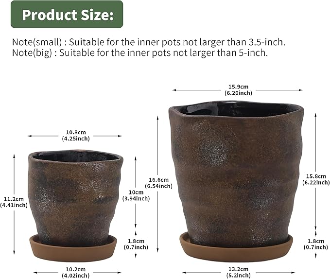 Modern Irregular Ceramic Planter Set of 2-4+6 Inch Unique Reactive Glaze Flower Pots with Drainage Holes & Saucers - Indoor Outdoor Decorative Succulent Orchid Pots,Brown