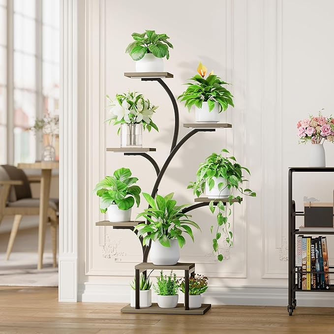 BACEKOLL Plant Stand Indoor with Grow Lights, 7 Tiered Indoor Plant Shelf, 49" Corner Plant Stands for Indoor Plants, Metal Plant Flower Display Shelf, Tree-Shaped Plant Rack for Home, Patio, Grey