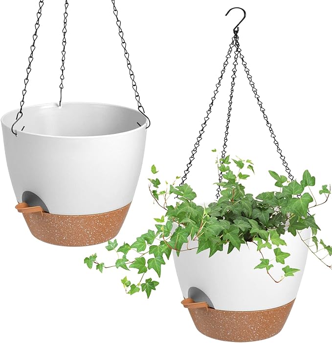Vanslogreen Hanging Planters for Indoor Outdoor Plants, 2 Pack Self Watering Hanging Pot with Drainage Holes & Removable Tray (White, 8'')