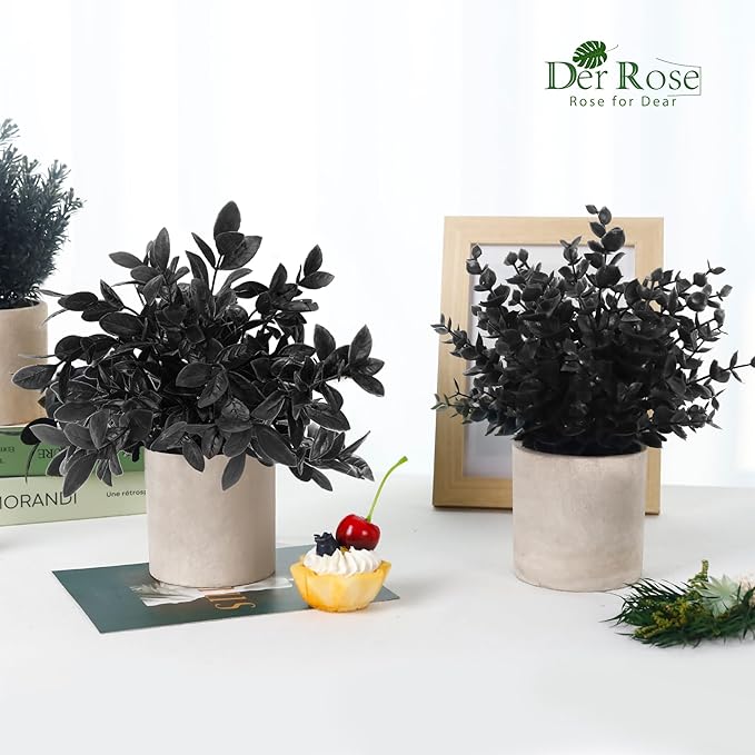 Der Rose 3 Pack Mini Potted Fake Plants Artificial Plastic Eucalyptus Plants Topiaries for Home Office Desk Farmhouse Shelf Room Bathroom Decor(Black)