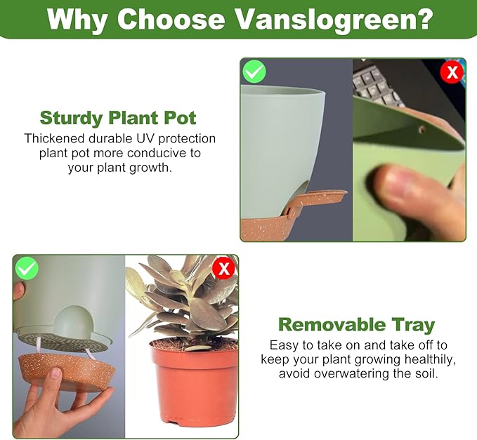 Vanslogreen Planters for Indoor Plants, 8/7/6.5/6/5.5/5 Inch Self Watering Planters with Drainage Hole, Plastic Planters Flower Pots for Indoor Outdoor Plants (Green)