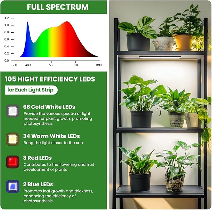 Wolezek Grow Lights for Indoor Plants, 210 LEDs Full Spectrum Plant Grow Light Strips with 6/12/16H Auto Timer, 13.8 Inches Bright Grow Lamp Bar for Plant Shelves and Cabinet, 2 Pack