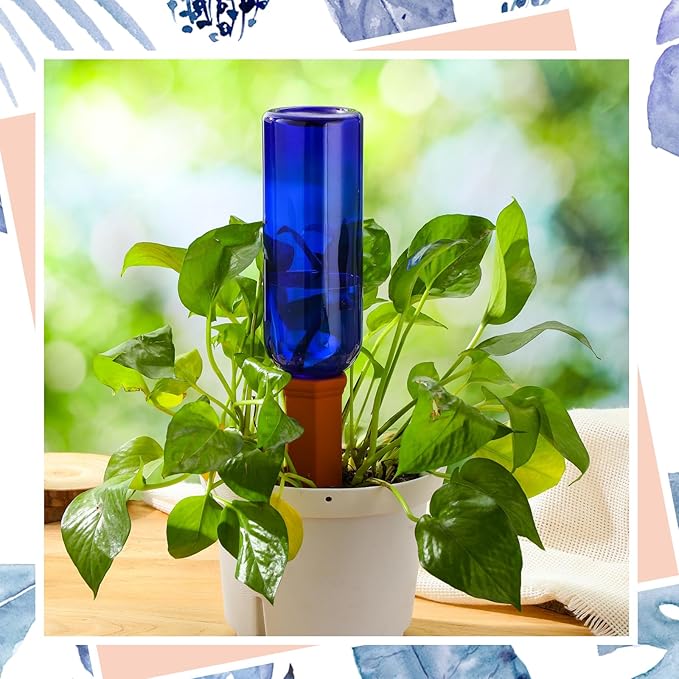 SiliFine 3 Sets Plant Watering Devices Include Terracotta Self Watering Spikes and 26 oz Plastic Bottles, Slow Release Vacation Insert Automatic Plant Waterer Device (Blue and Terracotta)