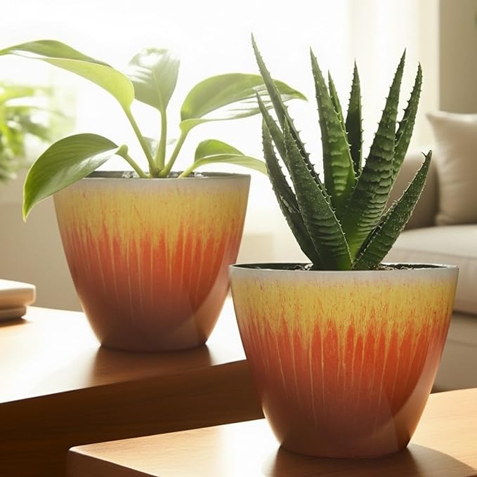 8 inch Plant Pots Pack of 2, Plastic Flower Pots Flower Pots, Modern Glossy Finishing Planter for Indoor Outdoor Plants (Orange Glaze)