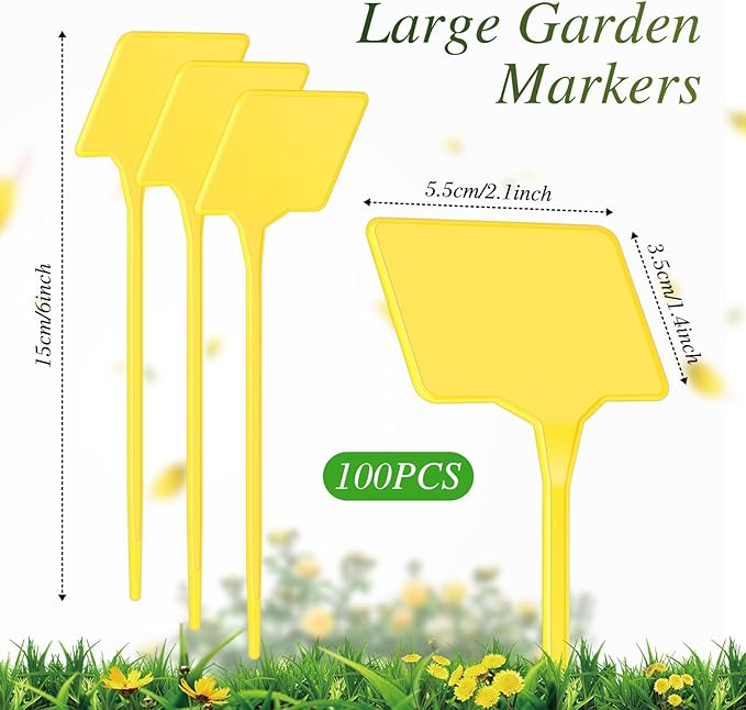 Marsui 202 Pcs Large Plant Labels Kit, Include 100 Outdoor Plastic Plant T Type Tags Waterproof Reusable Plant Markers Stakes, 100 PET Films and 2 Marker Pens for Herbs Pot (Yellow,6 Inch)