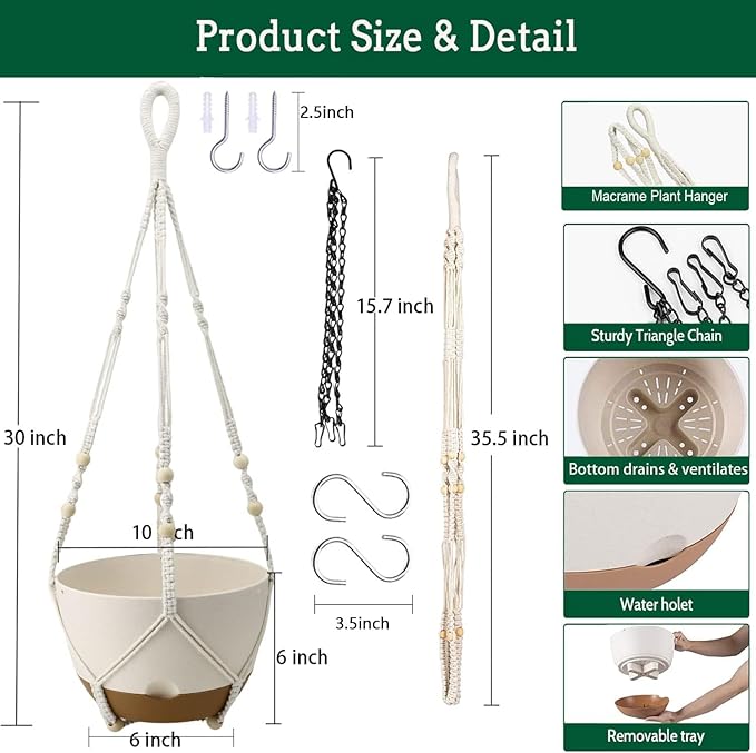 Koalaime Hanging Planters for Indoor Plants, 2 Pack 10 Inch Self Watering Pots with Macrame Plant Hanger, Hanging Baskets Holder for Outdoor Garden Home Ceiling Window Decor
