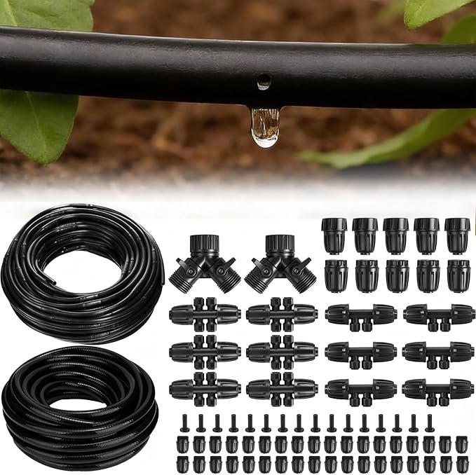 250FT Drip Irrigation Tubing Kit with 1/2 inch PVC Tubing, 1/4 inch Dripline, and Irrigation Parts for Garden, Raised Beds, and Greenhouse Watering