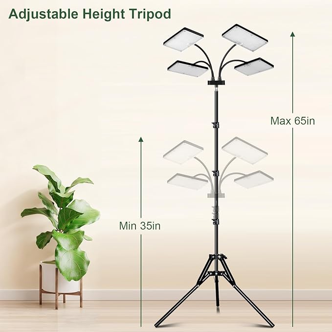 LBW Grow Light for Indoor Plants, Quad-Head Standing Plant Light, Full Spectrum, Wide Coverage, 63” Adjustable Height, Plug & Play