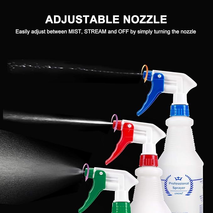 Uineko Plastic Spray Bottle (3 Pack, 32 Oz, 3 Colors) Heavy Duty All-Purpose Empty Spraying Bottles Leak Proof Commercial Mist Water Bottle for Cleaning Solutions Plants Pet with Adjustable Nozzle