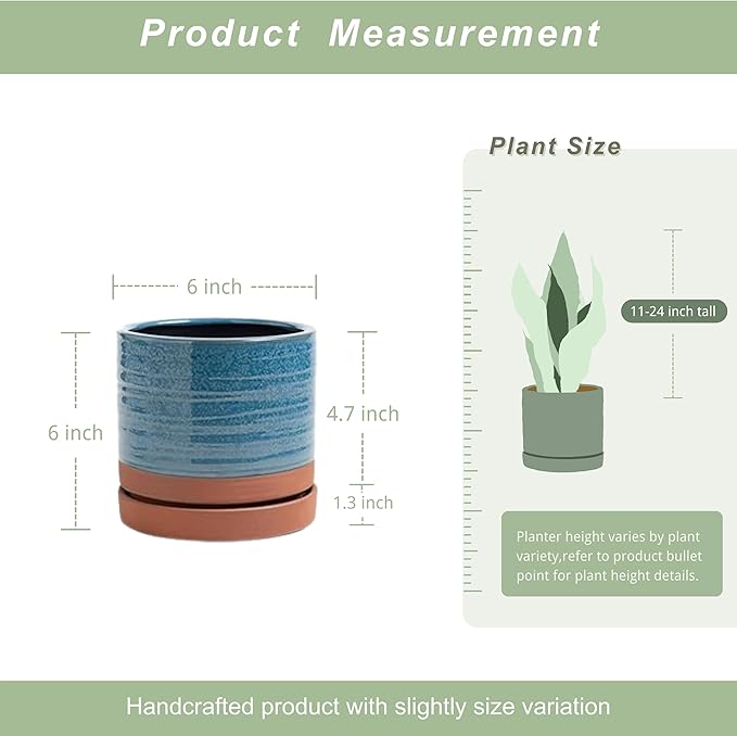 HERDUK 6 Inch Plant Pots, Ceramic Planter Pot with Drainage Hole & Saucer, Indoor/Outdoor Cylinder Round Planter Pot, Aqua Blue & Terracotta Red