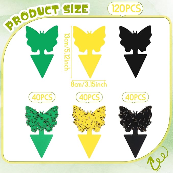 120 Pack Fruit Fly Traps Fungus Gnat Sticky Traps Yellow Black Green Plant Fly Stickers Double Side with Shovel for Indoor Outdoor Kitchen Garden Houseplant Flying Bug Insect (Butterfly)