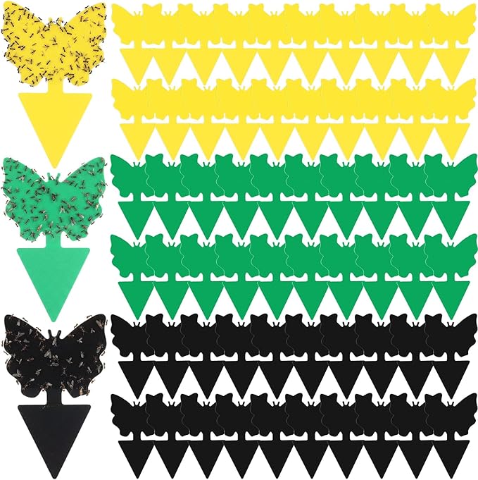 60 Pack Fruit Fly Traps Fungus Gnat Sticky Traps Yellow Black Green Plant Fly Stickers Double Side with Shovel for Indoor Outdoor Kitchen Garden Houseplant Flying Bug Insect (Butterfly)