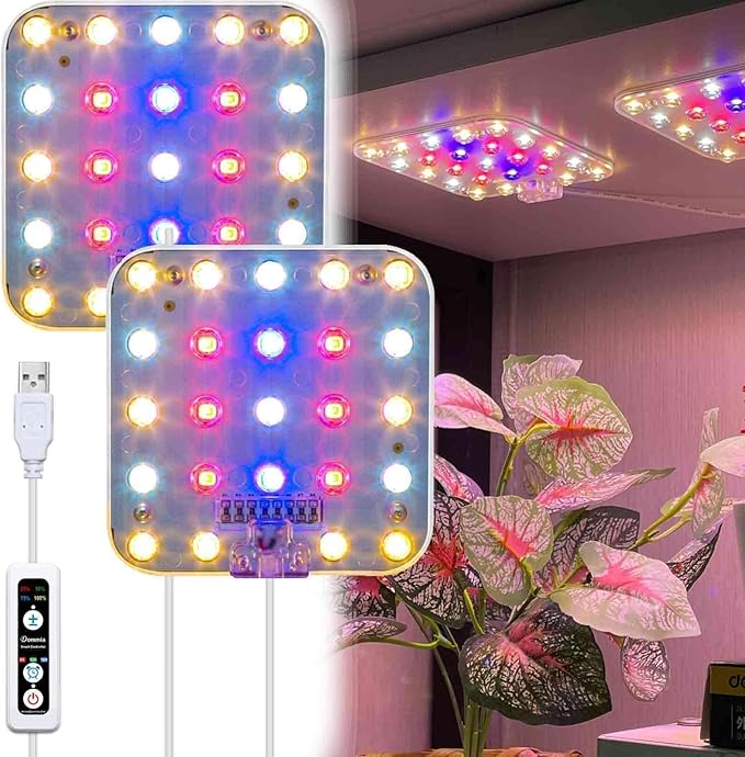 DOMMIA Full Spectrum LED Grow Light for Indoor Plants, 2 Panels 10W with 6/12/16h Timer Dimmable Plant Lights for Flower Veg Plant Growth USB, Pinkish White, 1-Pack