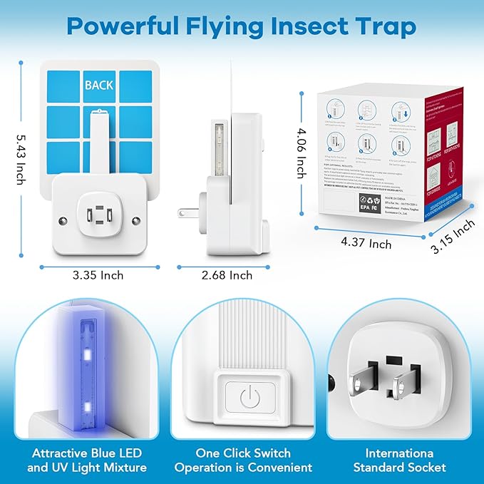 Fly Trap lndoor, 2 Pack Plug-in Insect Trap with 6 Refills, Fruit Fly Trap for Indoors, Gnat Killer for Flies, Mosquitoes, Moths & Other Flying Bugs (2 Device+6 Refill)
