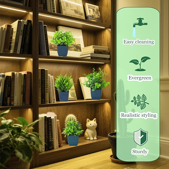 Grever 4 Pack Small Fake Plants in Blue Pot Mini Artificial Potted Plants for Home Bathroom Office Table Desk Shelf Indoor Decor