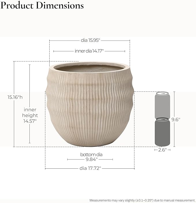 LuxenHome 17.5" Dia Round Planter, Large Pots for Plants with Drainage Hole, Modern Wavy Textured Decorative Planter Pots for Indoor Plants