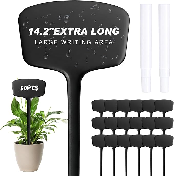Colingmill 50 Pcs 14.2 Inch Plastic Plant Labels Tags T Type Plant Markers with Pen for Outdoor Indoor Garden Pot Herbs Flowers Vegetable (Black)