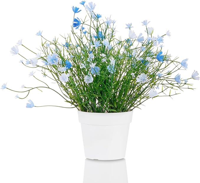 Artificial Babys Breath Potted Fake Plants with Flowers Faux Plants Indoor for Home Office Bookshelf Table Room Decor (Blue)