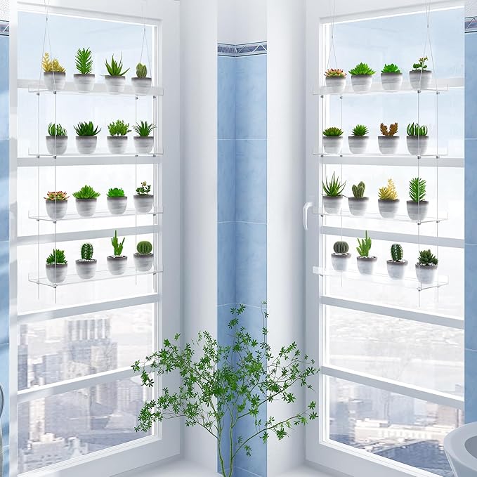OtNiap Clear Hanging Window Plant Shelves,2-Pack 4-Tier,Indoor Windows Wall Hanging Plant Stand Flower Display,Flower Pot Organizer Storage for Window Grow Herbs,Microgreens,Succulents,Flowe4,16-Inch