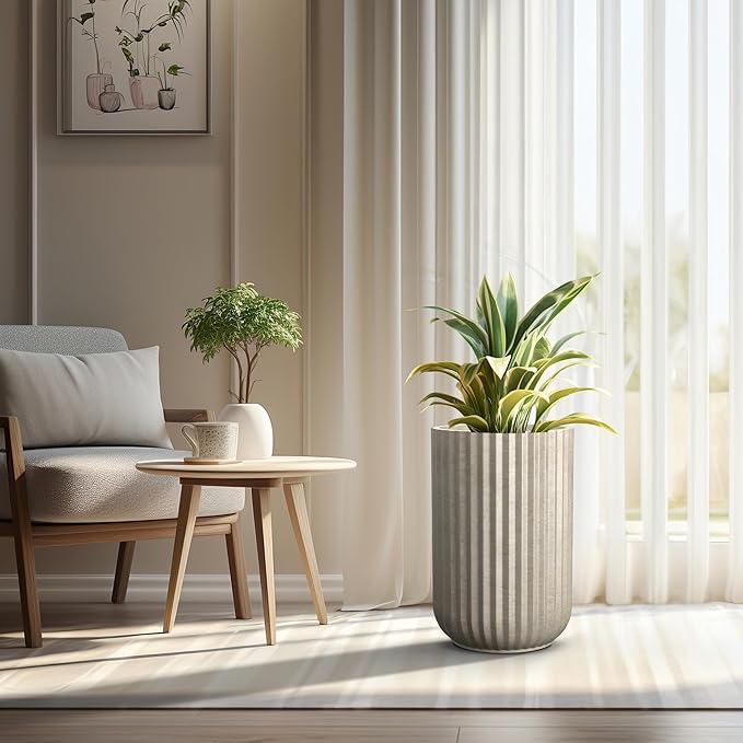 Kante Tall Fulted Planter, 21.7 Inch Tall Round Concrete Plant Pots with Drainage Hole and Rubber Plug, Modern Decor for Indoor Outdoor Plants, Flower, Weathered Concrete