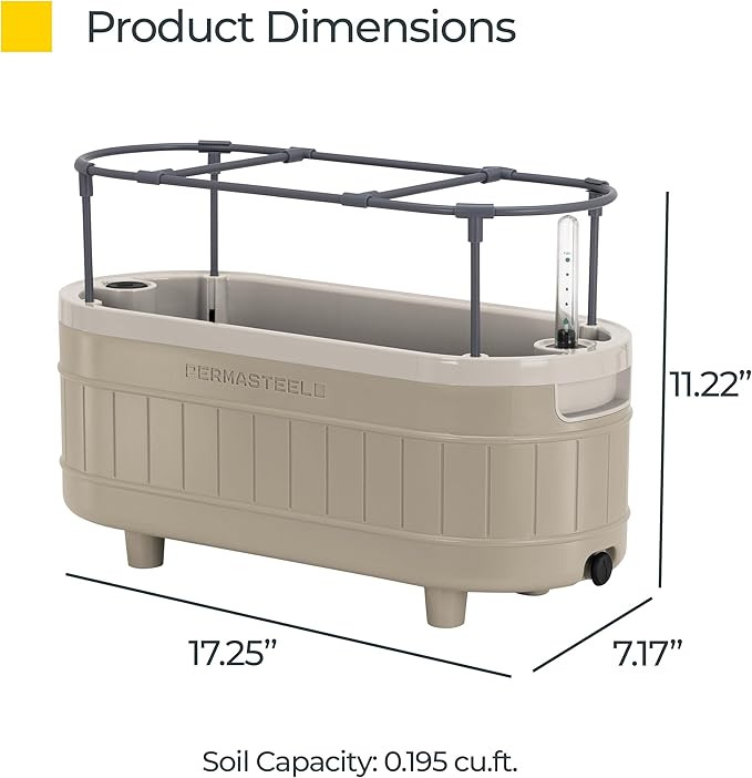 Permasteel Herb Garden Planter with Trellis Support, Self-Watering System with Water Level Indicator, Fits Multiple Herb Plants, for Basil, Flowers, Succulents, Indoor & Outdoor, Taupe