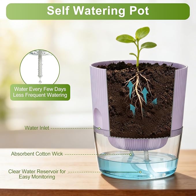 Self Watering Pots for Indoor Plants, 4 Pack 5.7 Inch Flower Pots with Deep Reservoir & Drainage Holes, Yellow Purple Plastic Planters with Water Level Window for Succulents Orchids