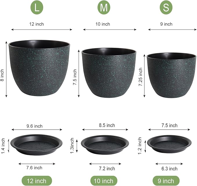 UOUZ 12/10/9 Large Modern Plant Pots, Plastic Planters with Drainage Holes and Saucers for Indoor Outdoor Plants Flowers, Black with Green Speckles