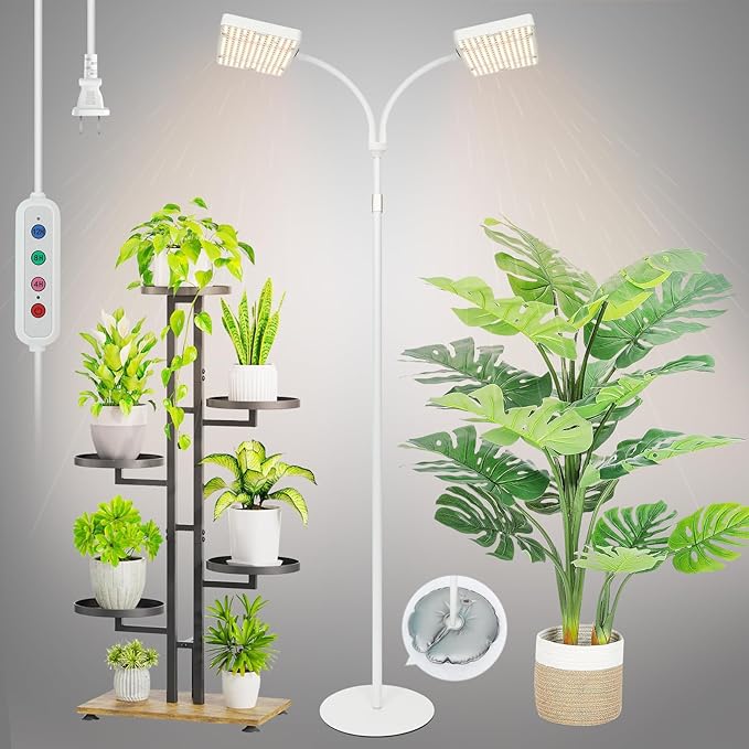 2Head Floor Lamp Grow Light, Bright and Big Coverage Grow Light with Stand for Indoor Tall Plants, Bonsai Tree, 4/8/12/16/20H Timer, 50 Watt Power Draw, NO Need Adapter, 24"-76" Height