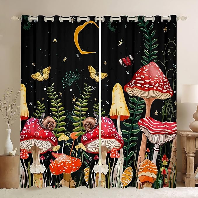 Feelyou Kids Room Decor Mushroom Window Curtains Bedroom Living Natural Wild Fungus Curtains Kids Room Decor Boys Girls Botanical Plants Window Drapes Butterfly Window Treatments 42W X 90L，2 Panels