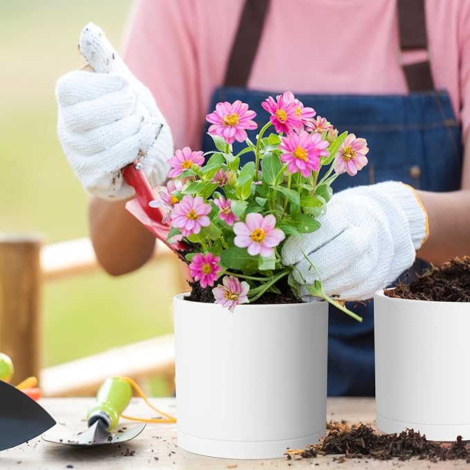 Meowell 8/7/6 inch Plant Pots, 3 Pack Cylinder Flower Pots for Outdoor Indoor Plants, Decorative Plastic Planters with Drainage Holes and Saucers for Garden House Plants, White with Brown