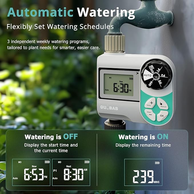 QUOBAS Sprinkler Timer, Weekly Programmable Water Hose Timer for Garden Hose Faucet with Waterproof HD Screen, Rain Delay/Manual/Automatic Irrigation Watering System for Garden, Lawn, Yard