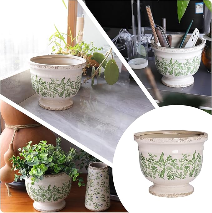 Vintage Ceramic Ice Crack Flower Pot with Drainage Hole Large Rustic Planter for Indoor and Outdoor Unique Antique Pastoral Pot Gardening Gift for Valentine's Day, Home Decors