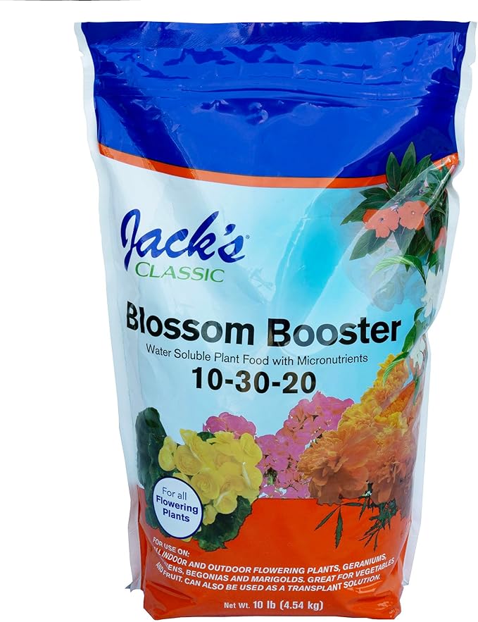 Jack's Classic 10-30-20 Blossom Booster Water-Soluble Fertilizer with Micronutrients for Increasing Color and Quantity of Blooms in Flowering Plants, 10lbs