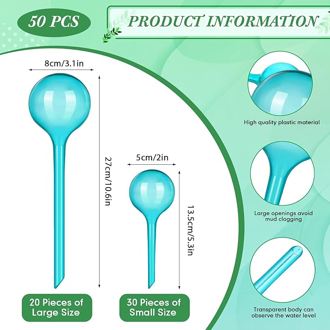 Pinkunn 50 Pcs Plastic Plant Watering Globes Translucency Plant Watering Devices Self Watering Globes Automatic Watering Drip Irrigation Equipment for Plant Garden Indoor Outdoor, 2 Size, Lake Blue