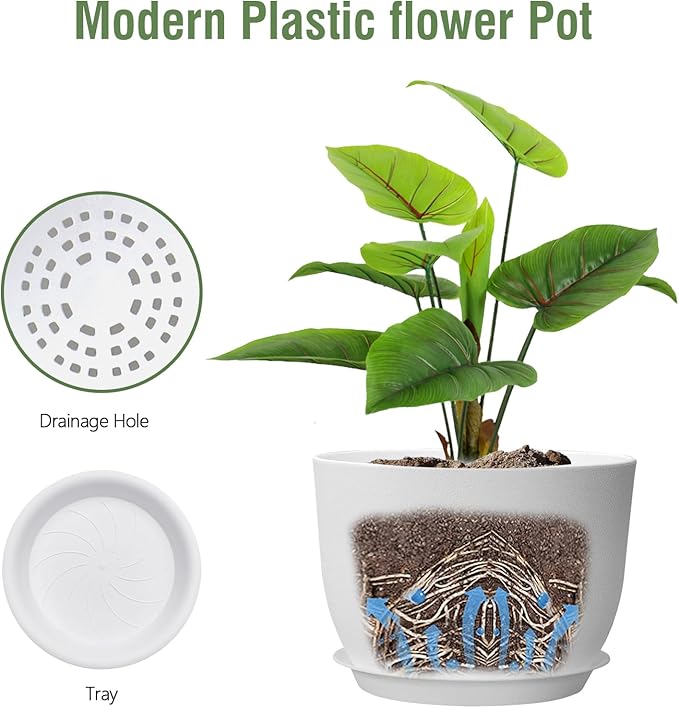 Meowell 12 inch Large Plant Pots, Plastic Planters with Drainage Holes and Saucers, Flower Pots for Indoor Outdoor Plants, Modern Decorative Pots for Garden House Plants, White