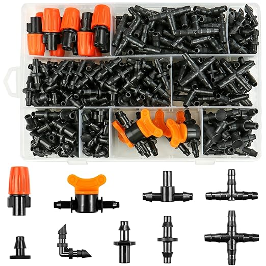 Gardrip 280 Pcs Drip Irrigation Fittings Kit for 1/4" Tubing：Gardrip 1/4 Inch Drip System Barbed Connectors (Nozzles, Nozzle Tees, Valves, Single Barbs, Couplings, Tees, Elbows, Plugs, Crosses)