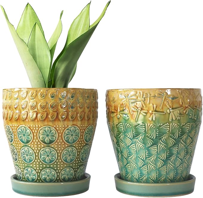 YQSLYSF 6 Inch Ceramic Planter with Drainage Hole and Saucer for Plants, Indoor-Outdoor Large Round Succulent Orchid Flower Pot, Set of 2