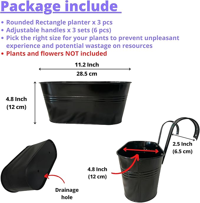 LaLaGreen Outdoor Plants Rail Planter (11.2 Inch, 3 Pack) Black Metal Iron Hanging Flower Pots Deck Railings Fence Buckets Modern Boho Style Wall Mount Window Box Plant Holder Hooks Porch Home Decor